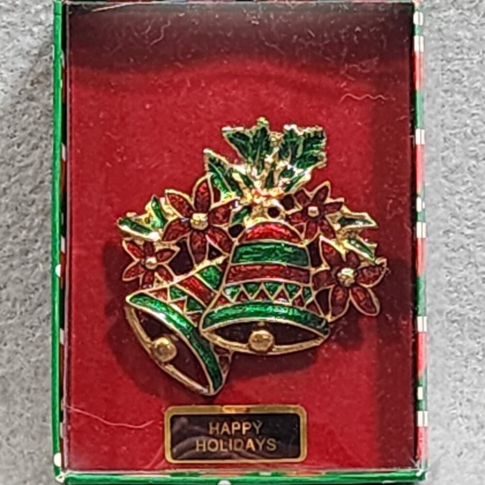 Vintage Happy Holidays Christmas Bells & Holly Red-Green Enamel Brooch Pin 2"x2"